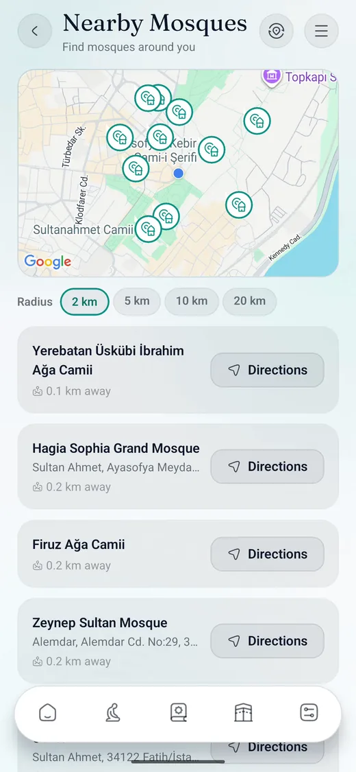 Imanza map of nearby mosques with a list sorted by distance