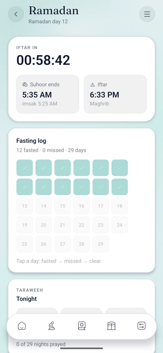 Ramadan screen: the countdown to iftar, suhoor and iftar times, and the fasting log twelve days in